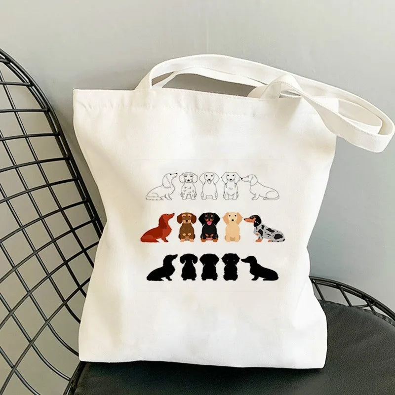 sac main toile chien imprimé moderne blanc poches détachables doux