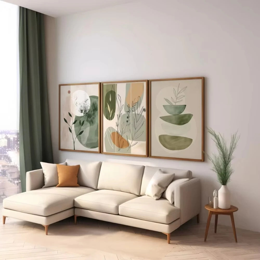 tableaux abstraits nature morte moderne botanique minimaliste vert beige orange rose blanc