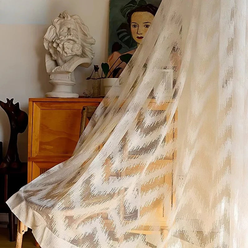 rideau moderne transparent rayures diagonales beige clair fenêtre française anneaux polyester
