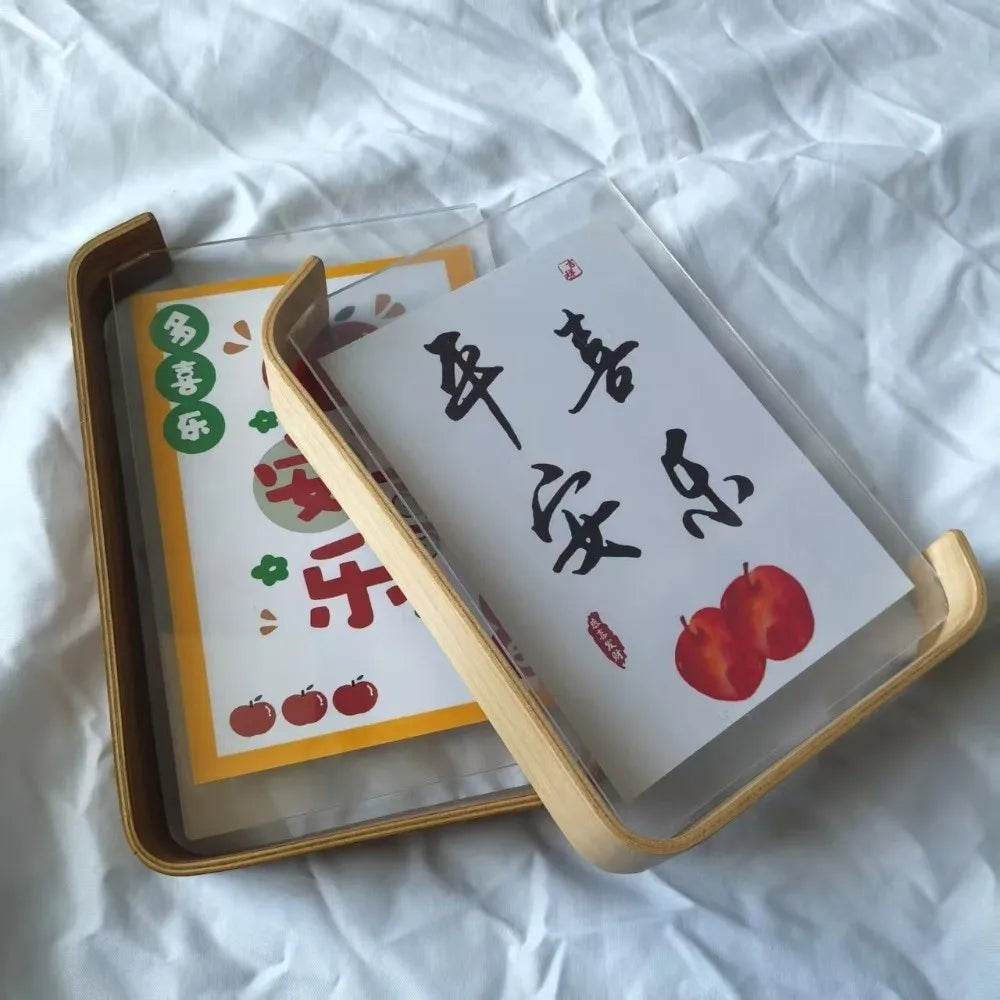 cadre photo pied bois clair transparent calligraphie asiatique minimaliste pied incurvé cartes illustrées six