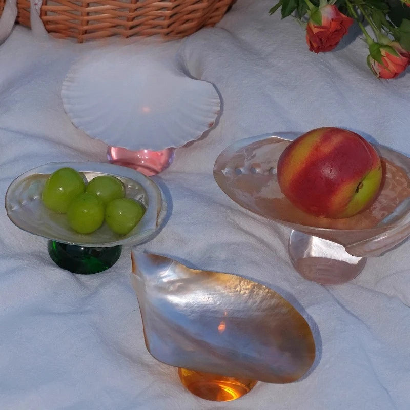 assiettes verre coquillages support fruits bijoux transparents naturels artisanal moderne