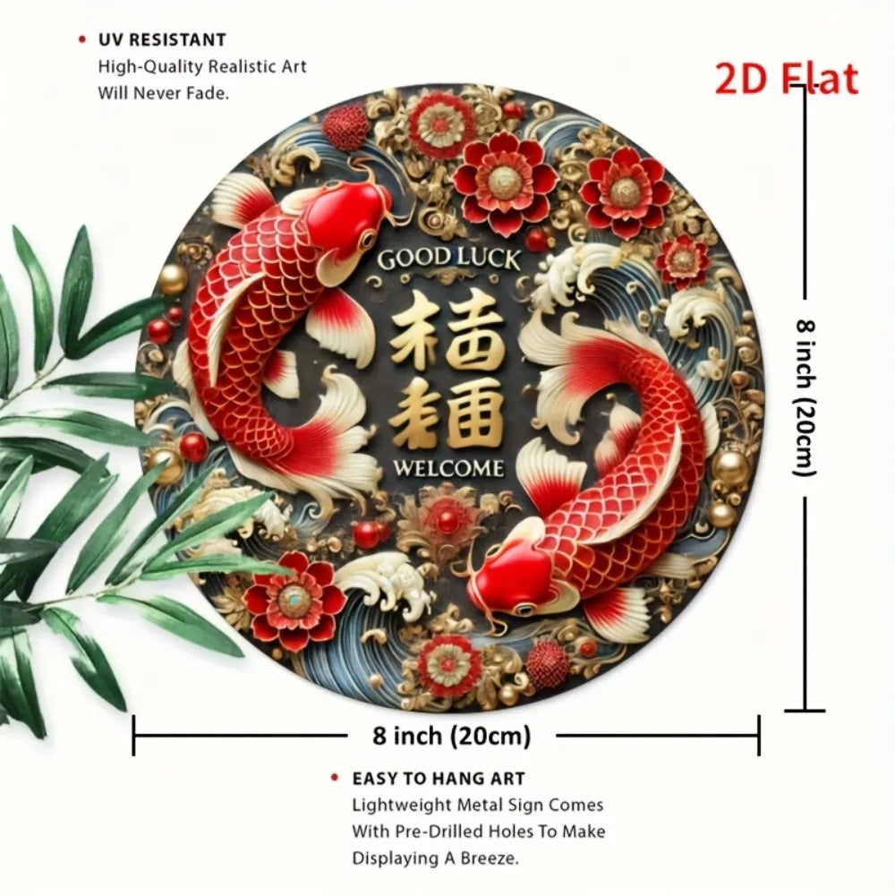 décoration murale ronde poissons rouges stylisés fleurs vagues calligraphie chinoise effet 3d ornemental asiatique