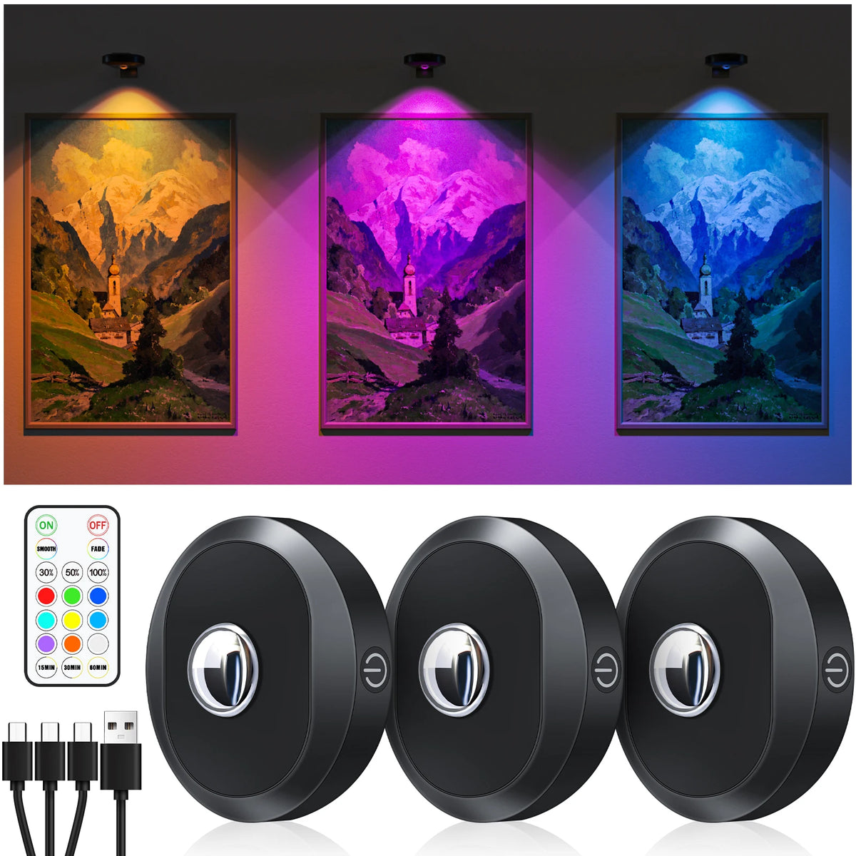 lampe led rechargeable noire télécommande aimant adhésif rond brillant moderne 60249lm