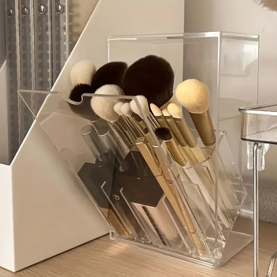 boîte rangement transparente pinceaux maquillage fond teint correcteur salle bain moderne minimaliste réutilisable