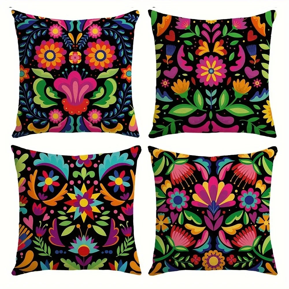 taies d'oreiller imprimées fleurs colorées moderne polyester noir 45x45cm 60x60cm decoration salon