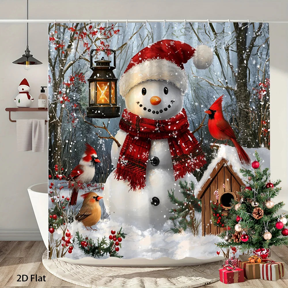 rideau douche imprimé noël bonhomme neige oiseaux cabane guirlande flocons opaques crochets blanc rouge