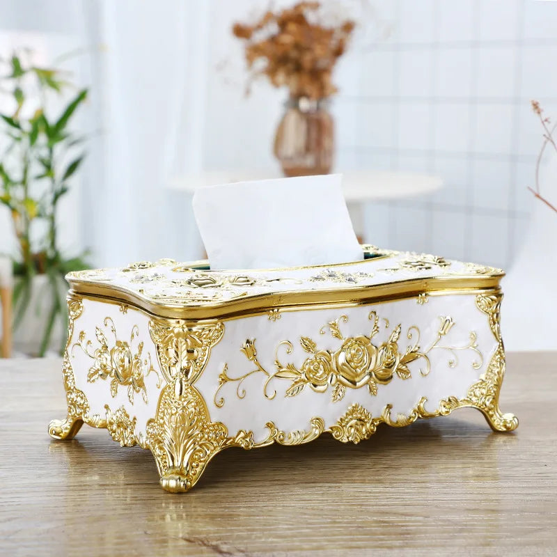 boîte mouchoirs ornemental blanc doré classique baroque tissu amovible moderne maison