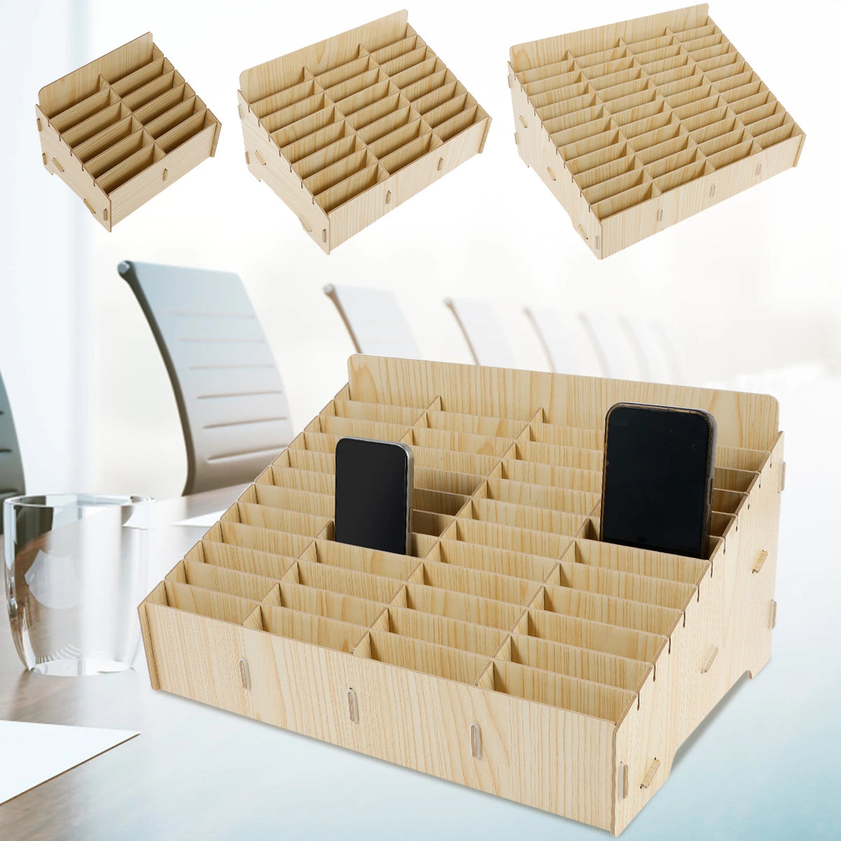 boîte rangement téléphone bois moderne 12 24 48 grilles réutilisable naturelle