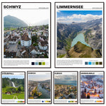 Ensemble d'affiches touristiques présentant différentes destinations suisses, notamment Schwyz, le lac Limmernsee, la cascade de Staubfall, la ville de Zurich et la station de ski de Grindelwald.