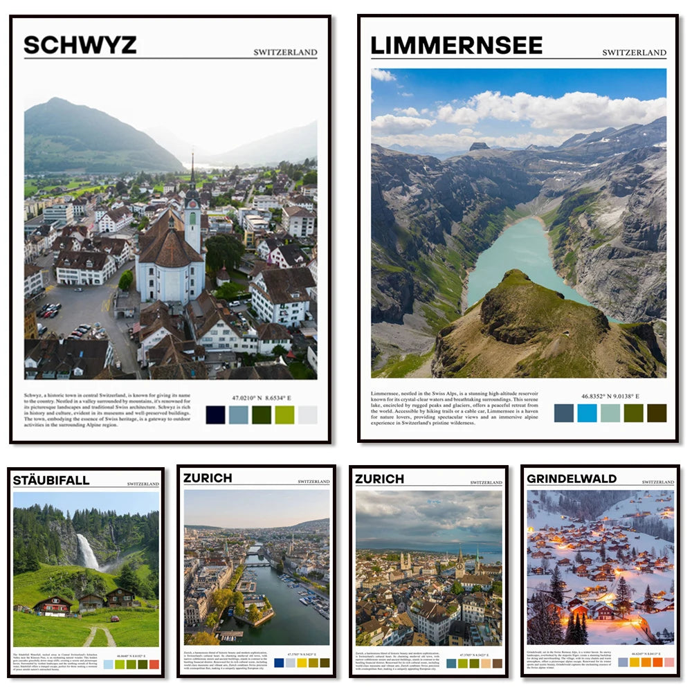 Ensemble d'affiches touristiques présentant différentes destinations suisses, notamment Schwyz, le lac Limmernsee, la cascade de Staubfall, la ville de Zurich et la station de ski de Grindelwald.