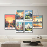 Ensemble d'affiches vintage de destinations de voyage célèbres, notamment les Andes, Machu Picchu, Buenos Aires, New York, Chichen Itza et Washington D.C., avec des illustrations colorées et détaillées de ces paysages emblématiques.