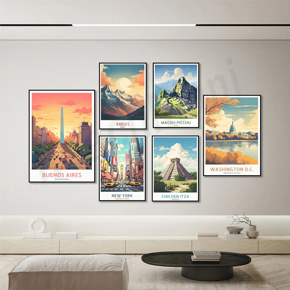 Ensemble d'affiches vintage de destinations de voyage célèbres, notamment les Andes, Machu Picchu, Buenos Aires, New York, Chichen Itza et Washington D.C., avec des illustrations colorées et détaillées de ces paysages emblématiques.