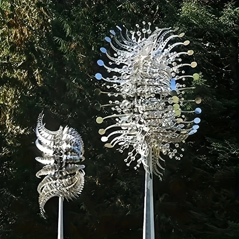 Sculpture cinétique spirale argentée jardin extérieur feuilles métal décorative fixée sol