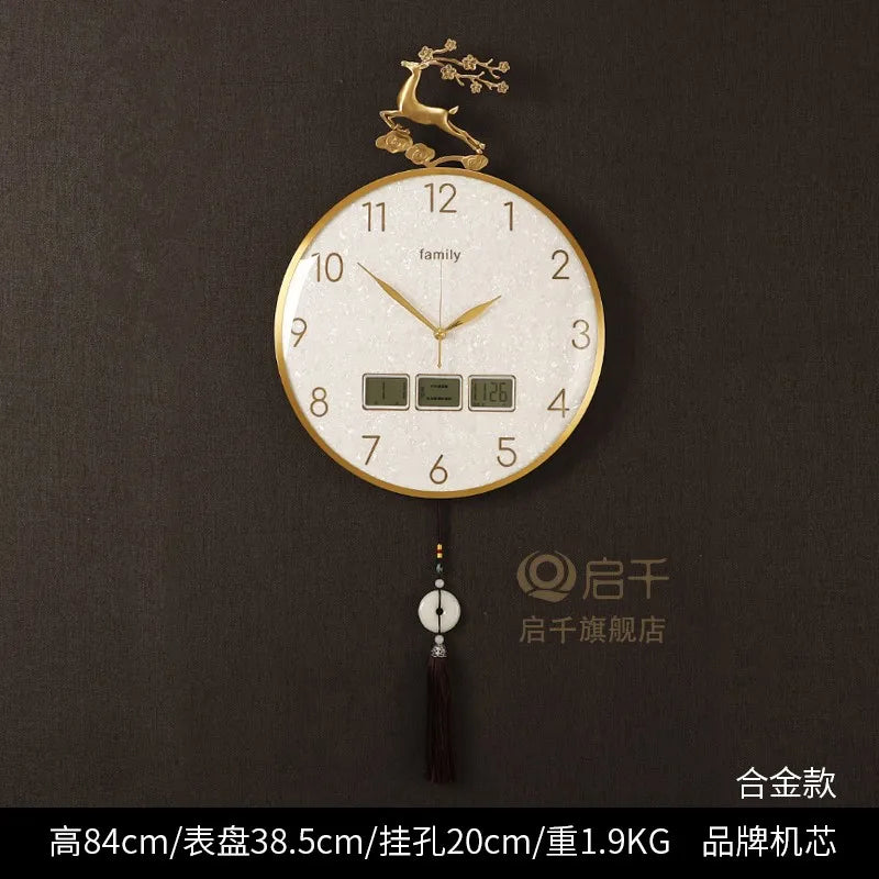horloge murale moderne ornement cerf cadre doré aiguilles tissu noir pompon nouveau chinois