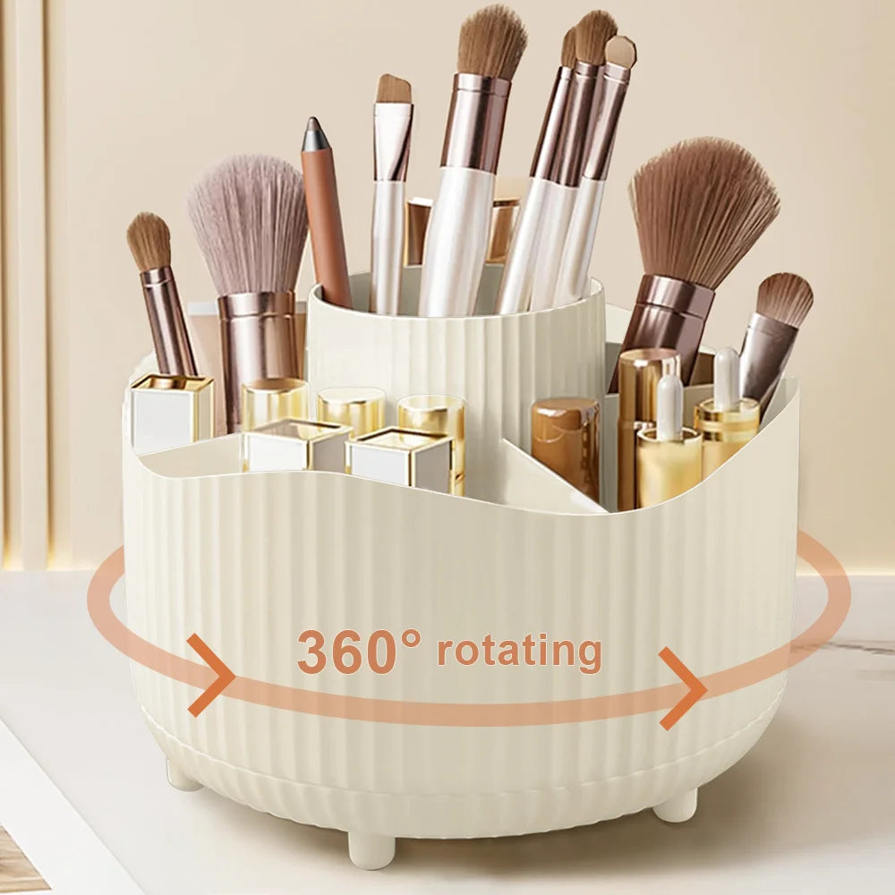 boîte rangement rotative blanc rayures verticales moderne pieds non slip compartiments pinceaux maquillage produits