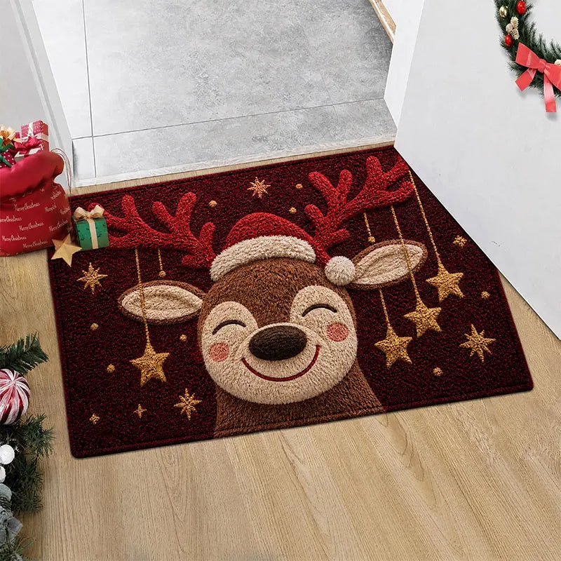 tapis sol antidérapant rennes souriants étoiles dorées extérieur entrée noël moderne rouge beige doré