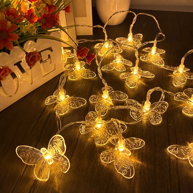 guirlande lumineuse papillons féeriques bleu rose orange vert transparents décoration mariage anniversaire fête chambre