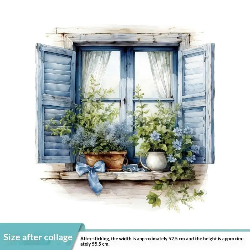 autocollant mural vintage paysage fenêtre volets bleus plantes vertes guirlande fleurs chat niche naturel