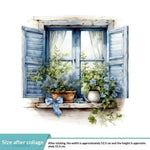 autocollant mural vintage paysage fenêtre volets bleus plantes vertes guirlande fleurs chat niche naturel