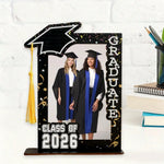 cadres photo graduation class 2026 bleu noir blanc confettis graduate hat festive