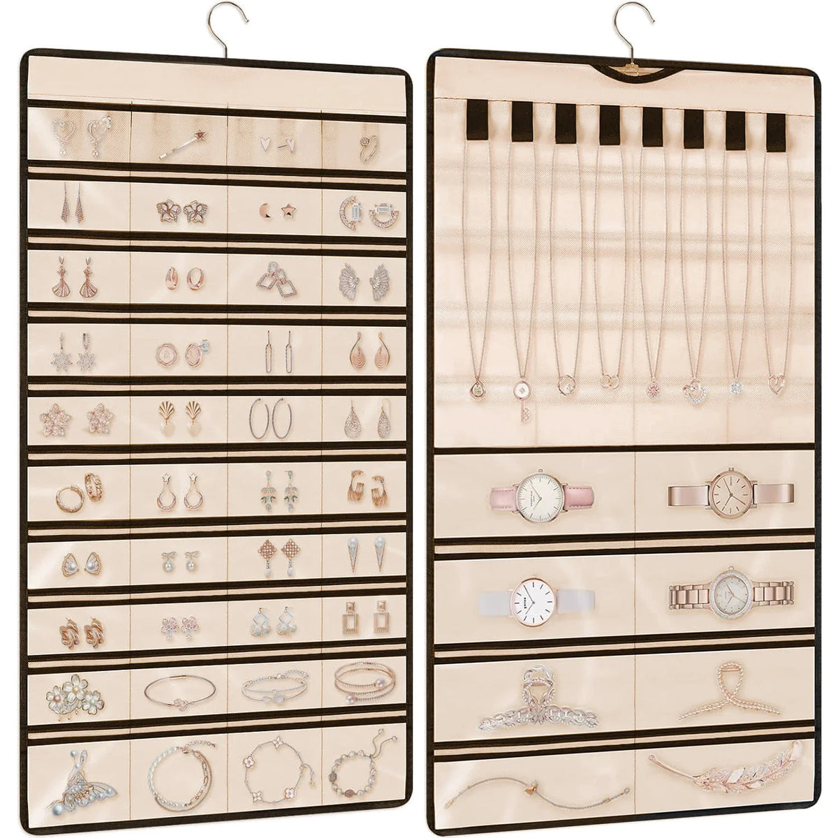 porte bijoux suspendu transparent moderne crochets grilles bagues boucles d'oreilles colliers montres cheveux beige