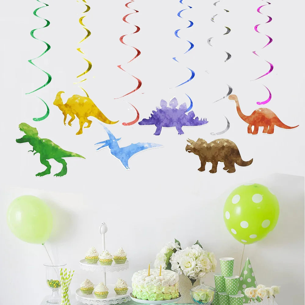 décoration anniversaire enfant dinosaure ballons numériques spirales colorées guirlande murale fête papier vert