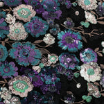 tissu brodé fleurs sequins polyester noir violet rouge vert bleu or opaquet