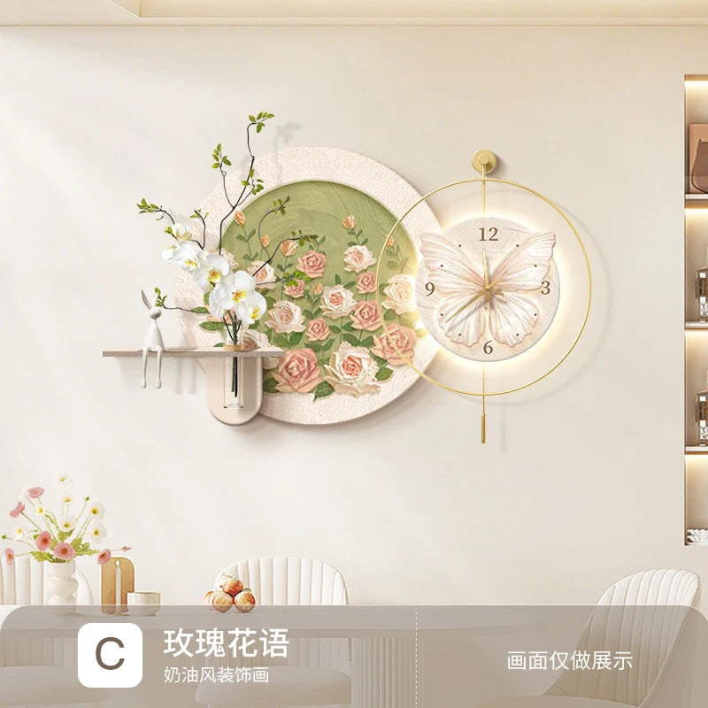 horloge murale moderne fleurs papillon rose blanc doré