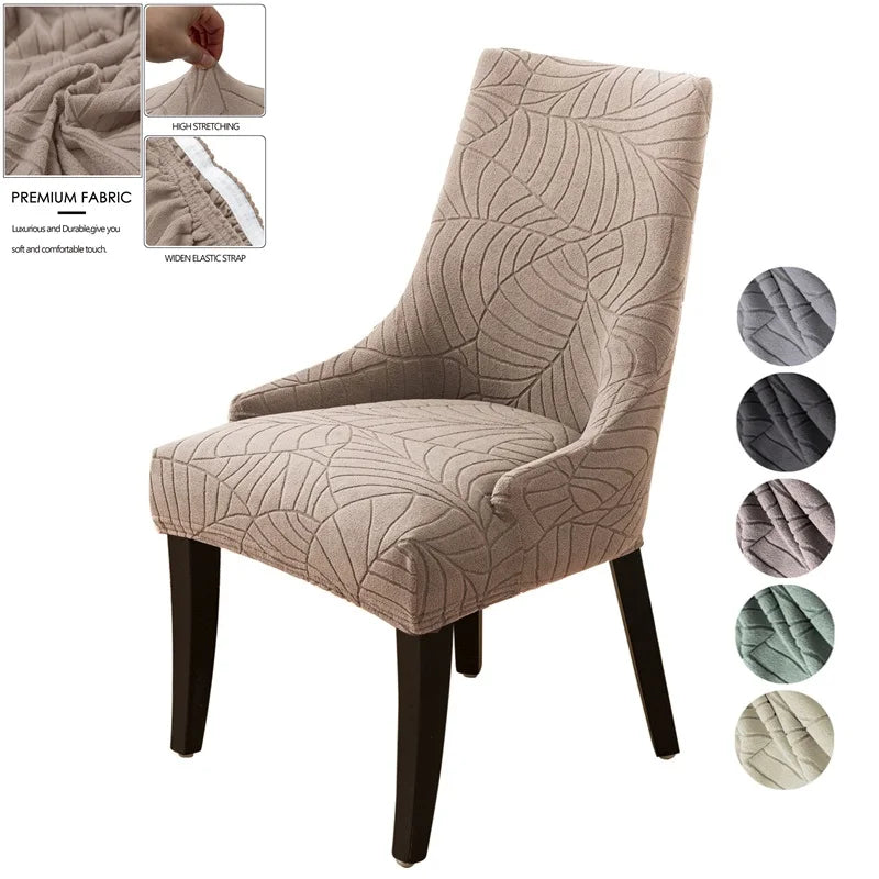 housse chaise jacquard feuilles beige gris moderne élastique polyester fixations boutons cuir