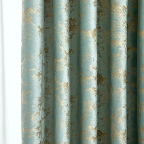 Rideau élégant bleu et doré avec motifs contemporains, parfait pour ajouter une touche de luxe et de modernité à votre intérieur, idéal pour le salon ou la chambre.