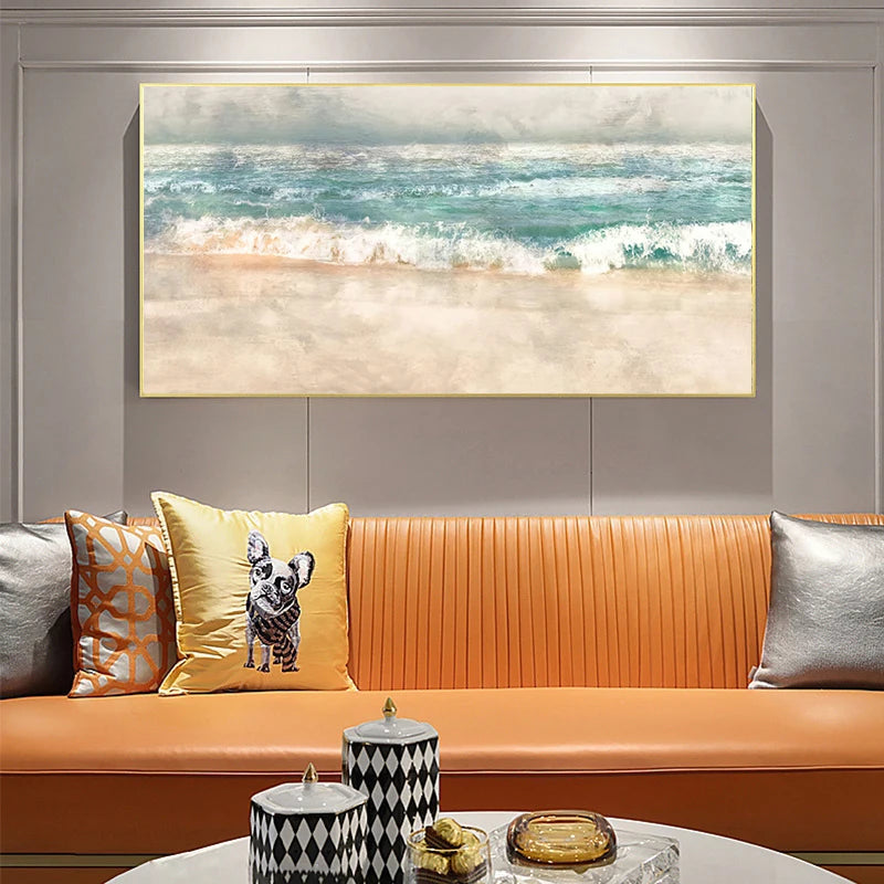 tableau abstrait paysage marin moderne toile bleu blanc nuages sans cadre