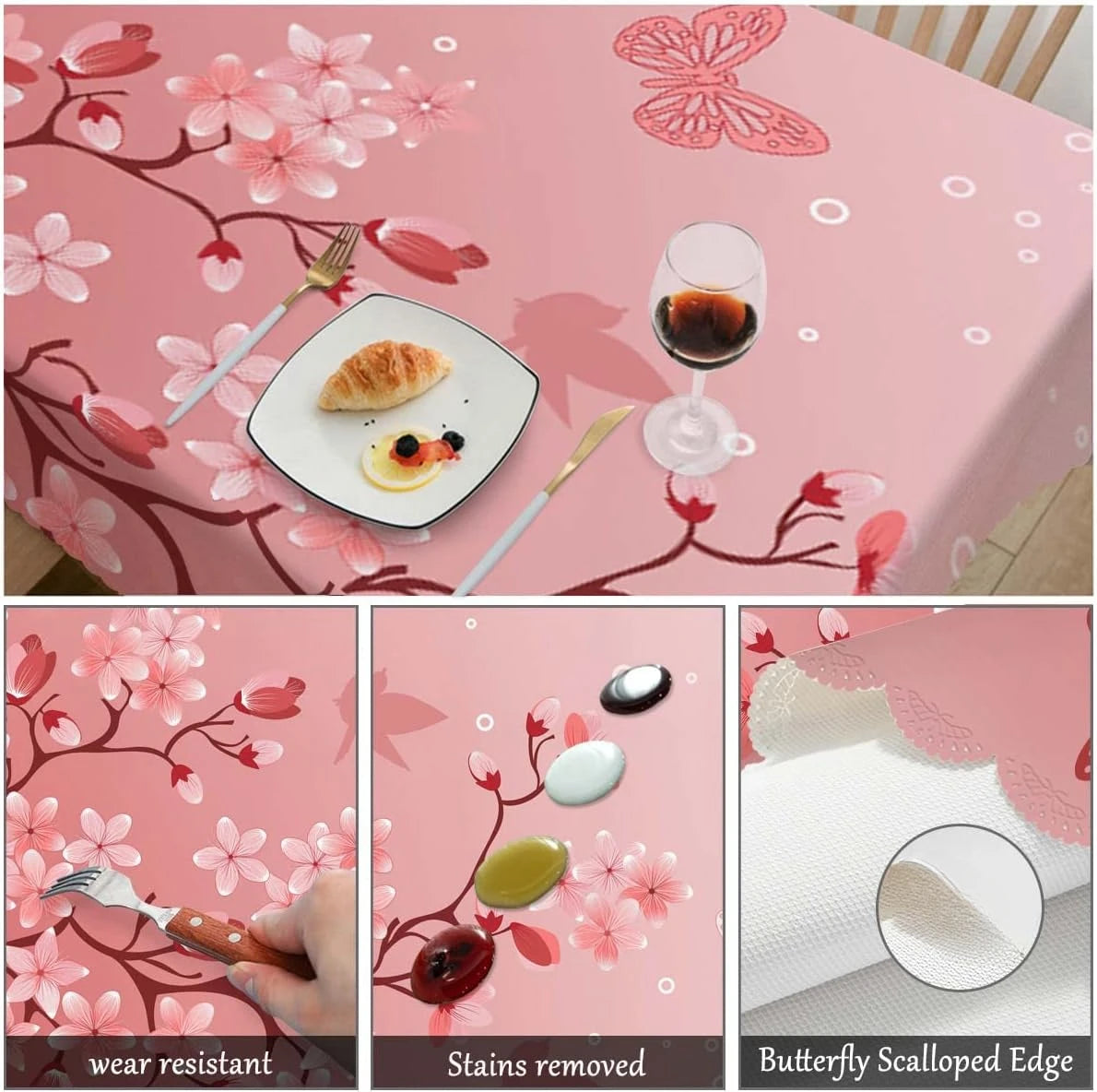nappe table moderne fleurs cerisier rose papillons motifs floraux réutilisable polyester dimension 132cm 178cm