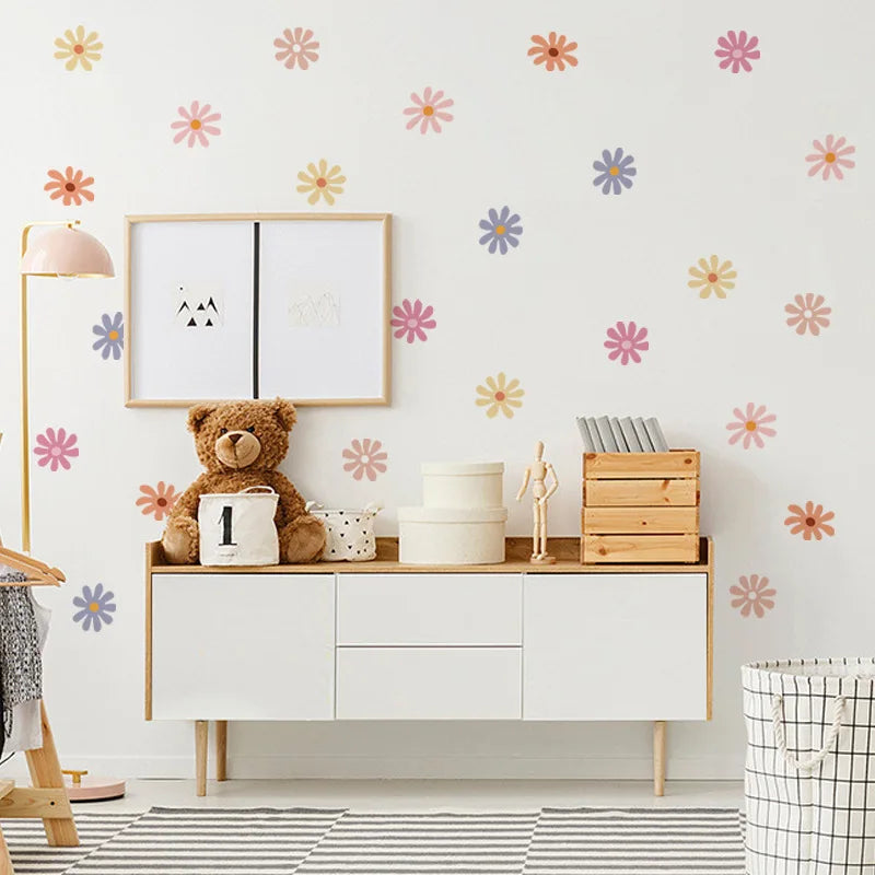sticker mural moderne fleur simple rose orange jaune bleu adhésif décoration chambre fille