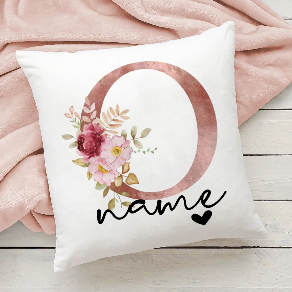 taie d'oreiller motif floral rose lettres initiales respectueux environnement moderne blanc