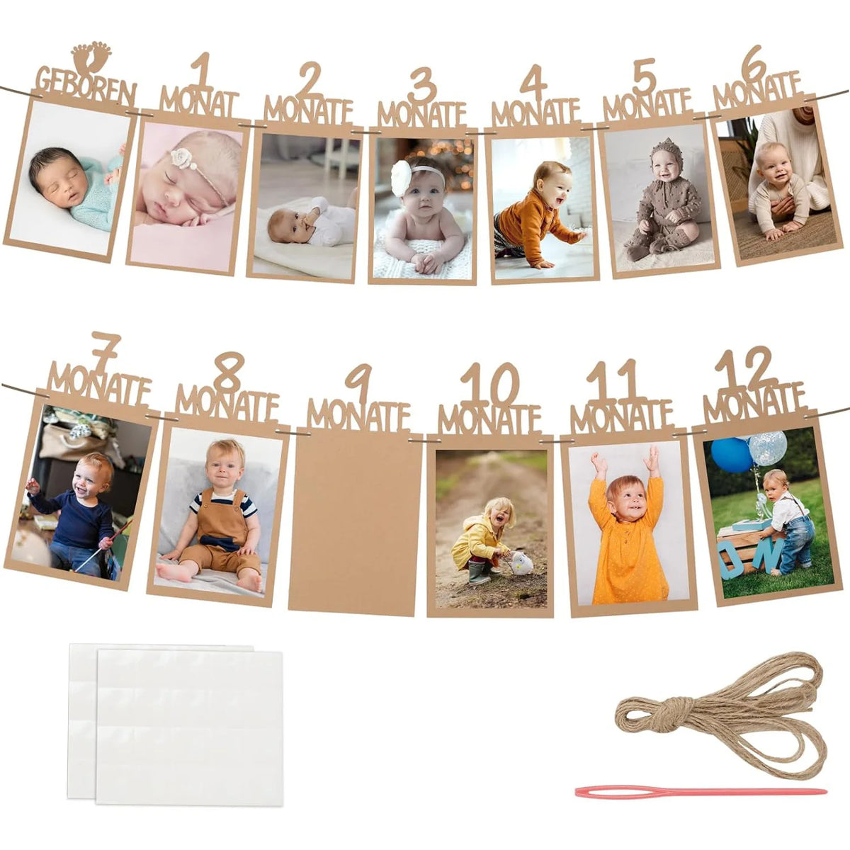 cadre photo mural anniversaire bébé moderne ruban rose pâle texture bois marron clair cartes