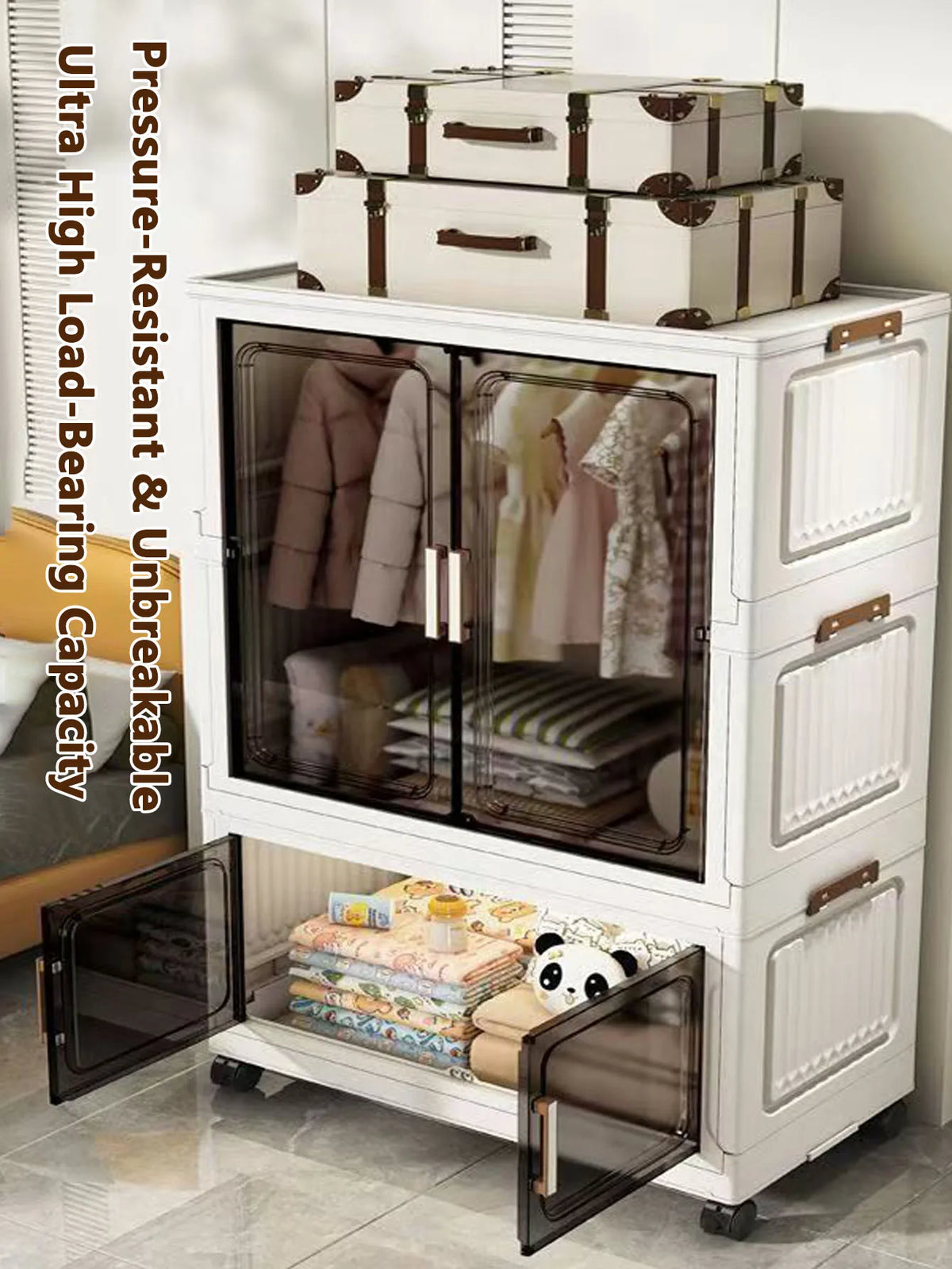 armoire rangement modulable blanche portes verre transparent poignées cuir roulettes cuisine maison