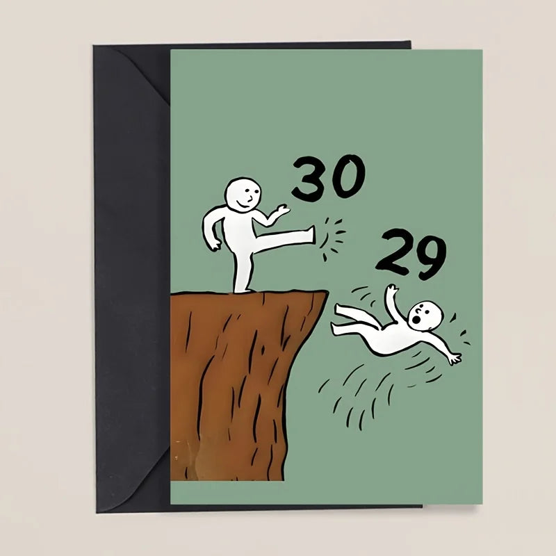 carte postale anniversaire humoristique vert clair cartoon personnages numéros 29 30 enveloppe rouge fixations