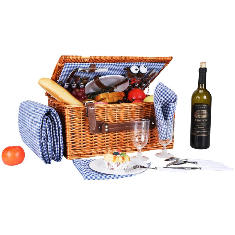 panier pique nique tressé couvercle serviettes carreaux assiettes verres fruits nappe rustique fourchette couteau