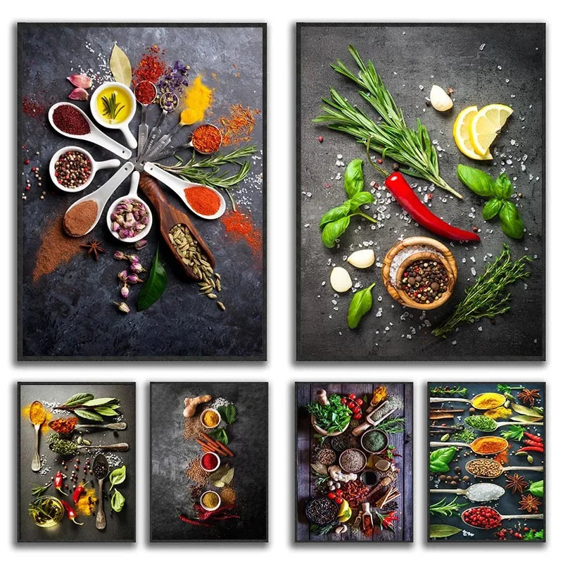 décoration murale art culinaire herbes épices condiments toile impression sans cadre vertical