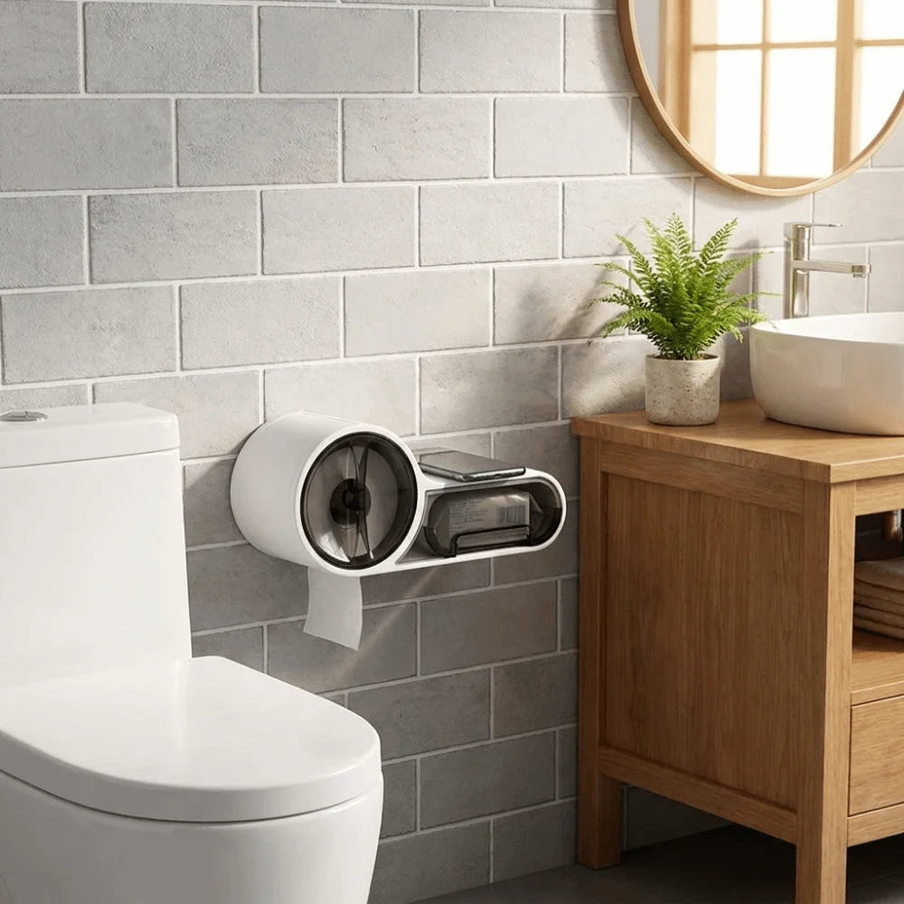 porte rouleau papier toilette multifonctionnel rangement sac poubelle serviettes hygiéniques blanc moderne adhésif salle
