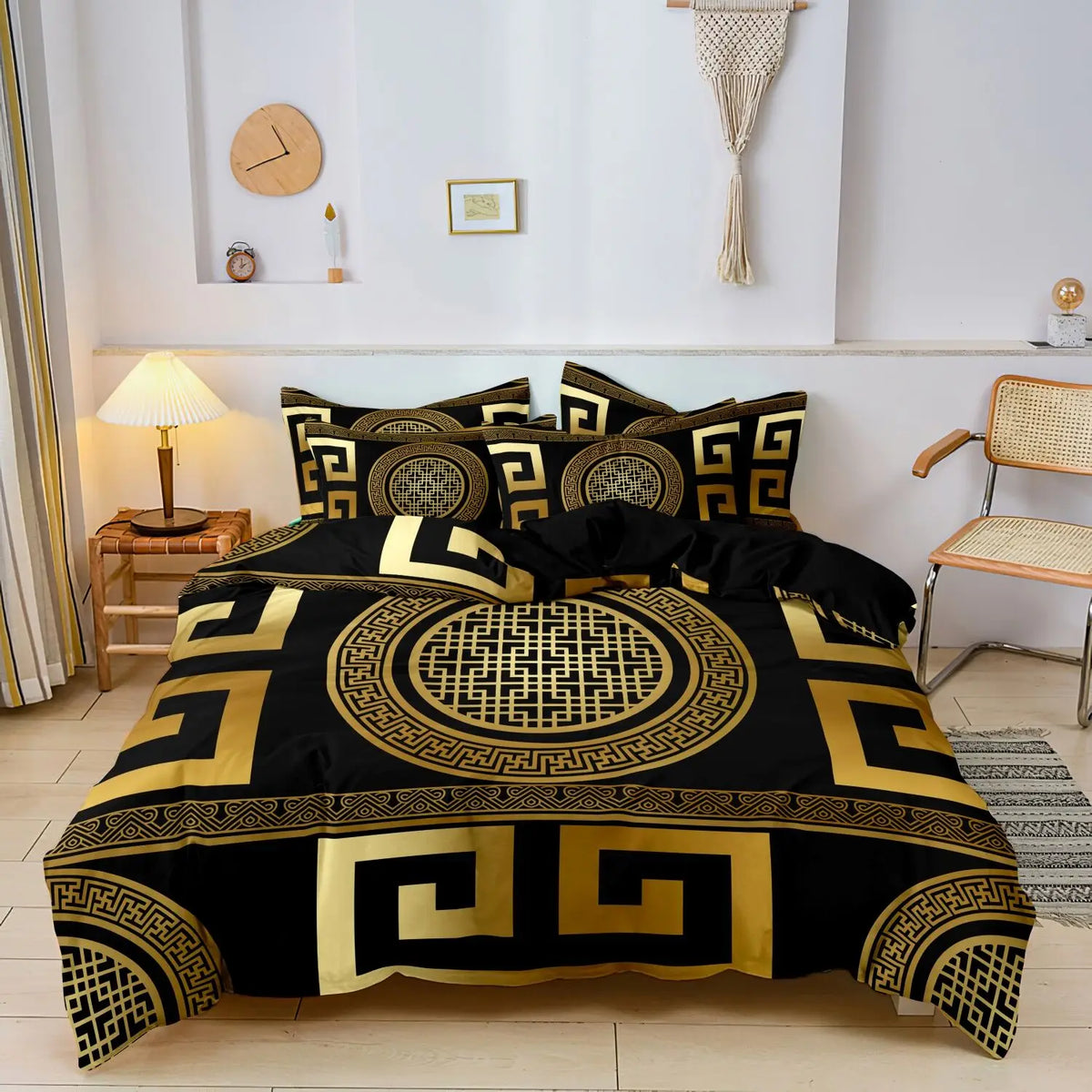 housse couette géométrique noire or taies d'oreiller ensemble lit taille double king chambre