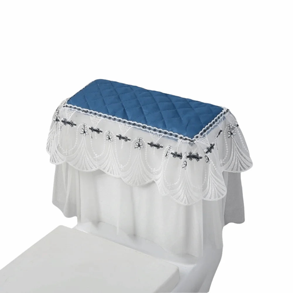 couvre seize toilette brodé bleu marine blanc élégant classique tissu épais plis franges
