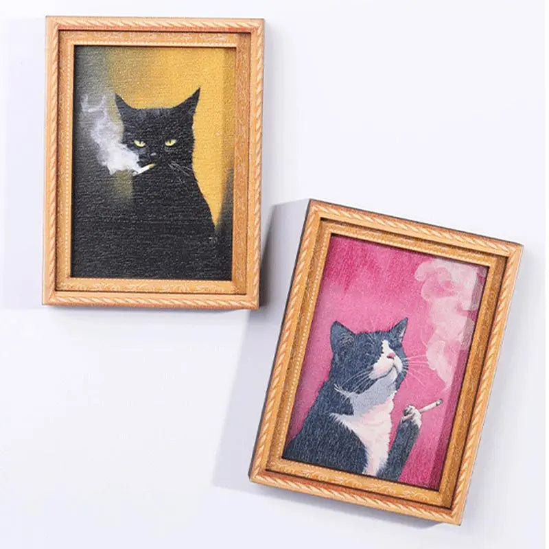 Cadre photo aimanté chat en bois sur surface métallique