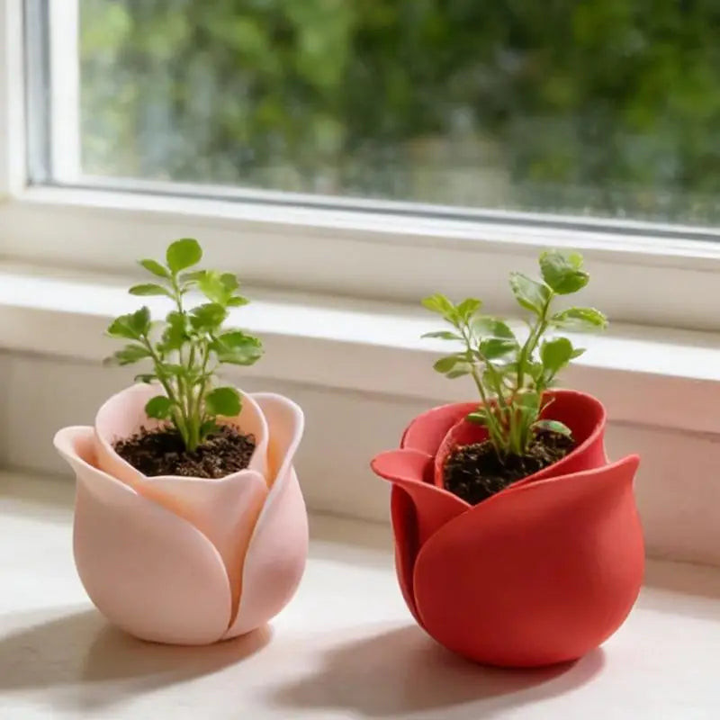 cache pot moderne forme fleur rose clair rose foncé support plante salon table