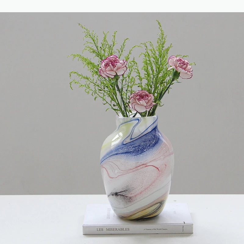 vase moderne opaques marbré blanc bleu gris rose vert jaune fleurs artificielles tableDecoration
