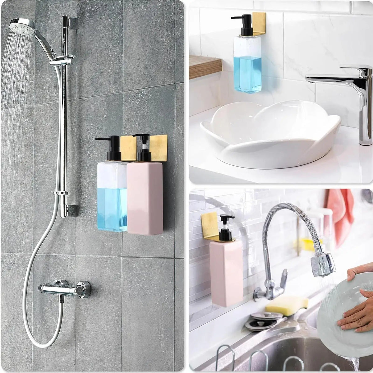 distributeur savon liquide mural transparent bleu rose pâle moderne adhésif imperméable taille réglable
