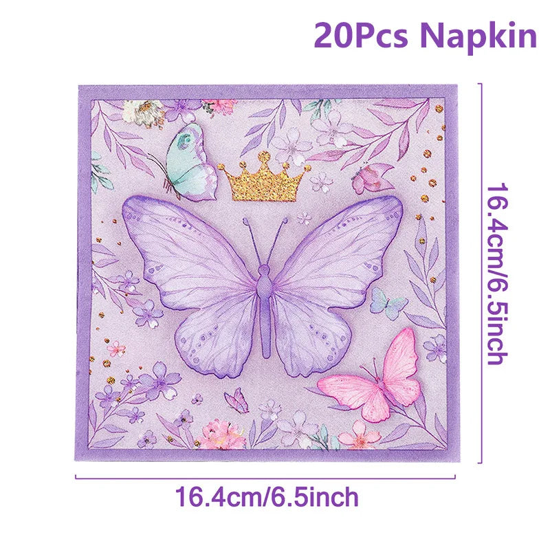 vaisselle jetable fête anniversaire papillons violets roses fleurs couronnes paillettes dorées assiettes tasses serviettes