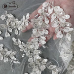 tissu décoratif gris clair feuilles relief sequins semi transparent brodé élégant polyester 150cm 128cm