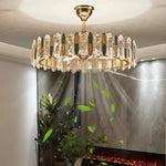 lampe suspendue moderne élégante cristal brillant télécommande dorée led fixée ventilateur