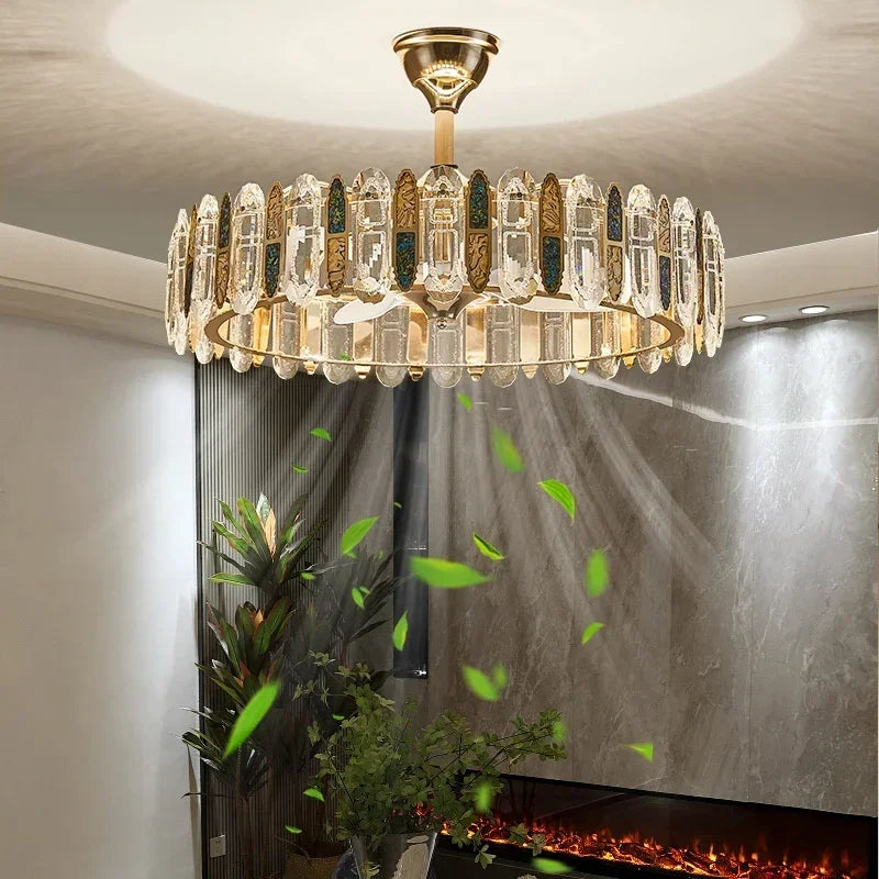 lampe suspendue moderne élégante cristal brillant télécommande dorée led fixée ventilateur